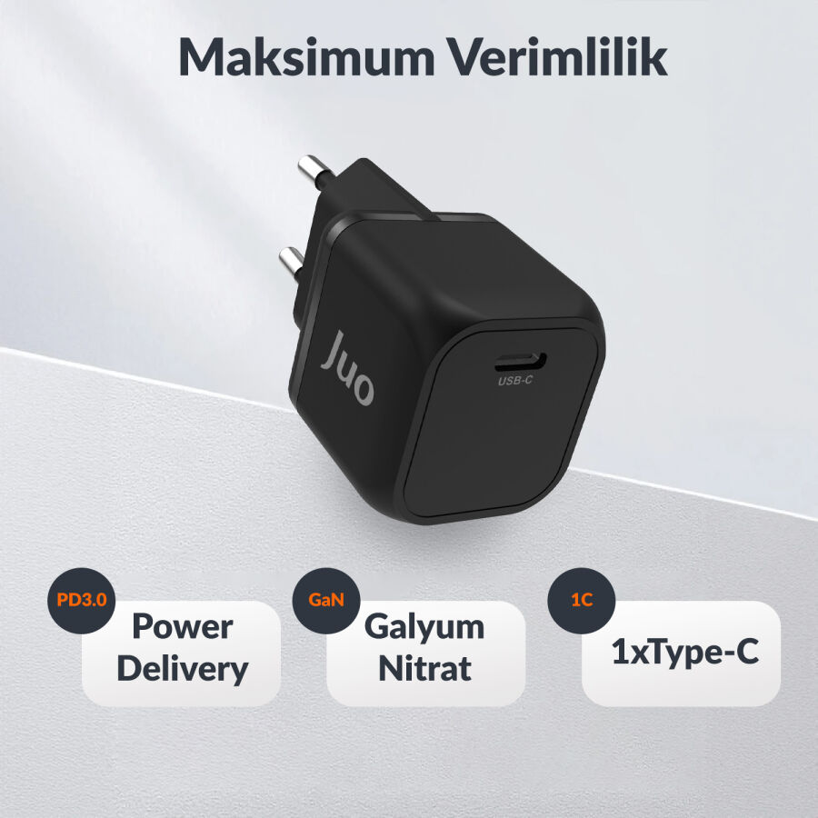 Juo 20W GaN USB-C Şarj Aleti iPhone & iPad & Android Uyumlu PD QC4.0 Type-C Hızlı Şarj Cihazı Siyah - 6