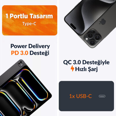 Juo 20W GaN USB-C Şarj Aleti iPhone & iPad & Android Uyumlu PD QC4.0 Type-C Hızlı Şarj Cihazı Siyah - 10