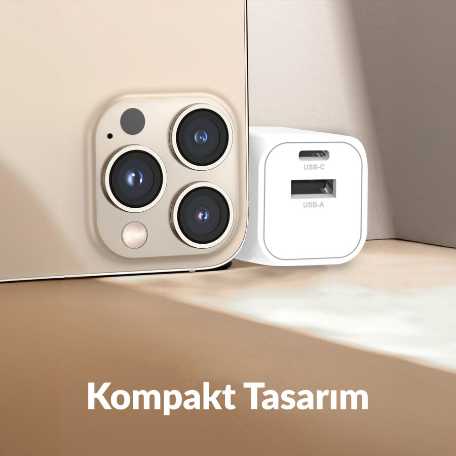 Juo 20W GaN USB-C + USB-A Şarj Aleti iPhone & iPad & Android Uyumlu PD QC4.0 Type-C Hızlı Şarj Cihazı Beyaz - 7