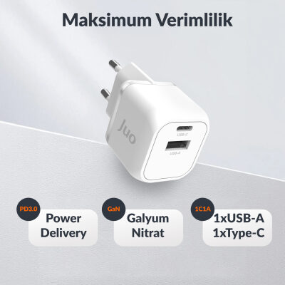 Juo 20W GaN USB-C + USB-A Şarj Aleti iPhone & iPad & Android Uyumlu PD QC4.0 Type-C Hızlı Şarj Cihazı Beyaz - 6