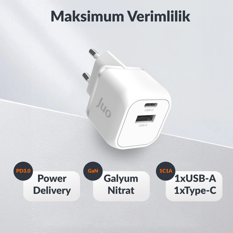 Juo 20W GaN USB-C + USB-A Şarj Aleti iPhone & iPad & Android Uyumlu PD QC4.0 Type-C Hızlı Şarj Cihazı Beyaz - 6