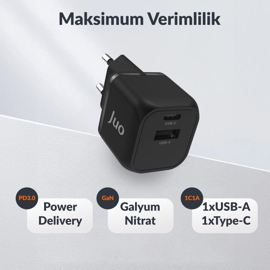 Juo 20W GaN USB-C + USB-A Şarj Aleti iPhone & iPad & Android Uyumlu PD QC4.0 Type-C Hızlı Şarj Cihazı Siyah - 6