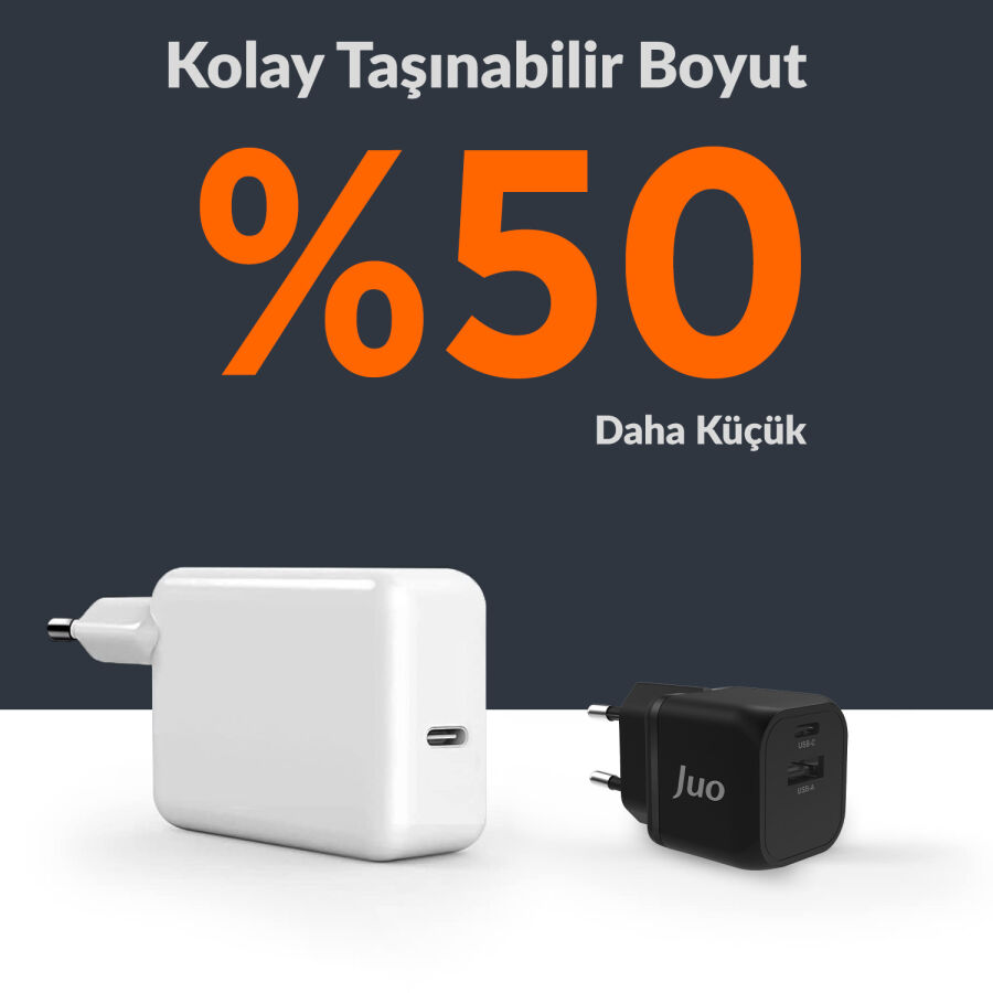 Juo 20W GaN USB-C + USB-A Şarj Aleti iPhone & iPad & Android Uyumlu PD QC4.0 Type-C Hızlı Şarj Cihazı Siyah - 8