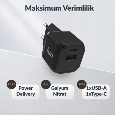 Juo 20W GaN USB-C + USB-A Şarj Aleti iPhone & iPad & Android Uyumlu PD QC4.0 Type-C Hızlı Şarj Cihazı Siyah - 6