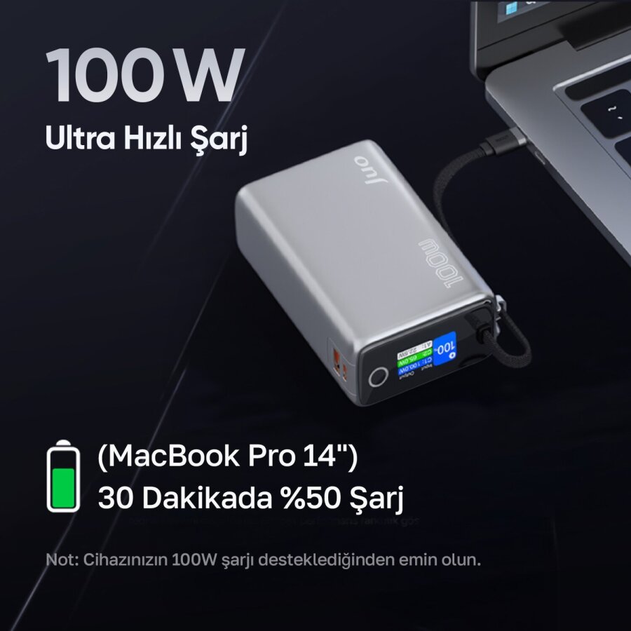 Juo 25000 mAh 100W LED Ekranlı USB-A + Type-C Kablolu Taşınabilir PD Hızlı Şarj Cihazı Powerbank - 4