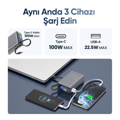Juo 25000 mAh 100W LED Ekranlı USB-A + Type-C Kablolu Taşınabilir PD Hızlı Şarj Cihazı Powerbank - 5