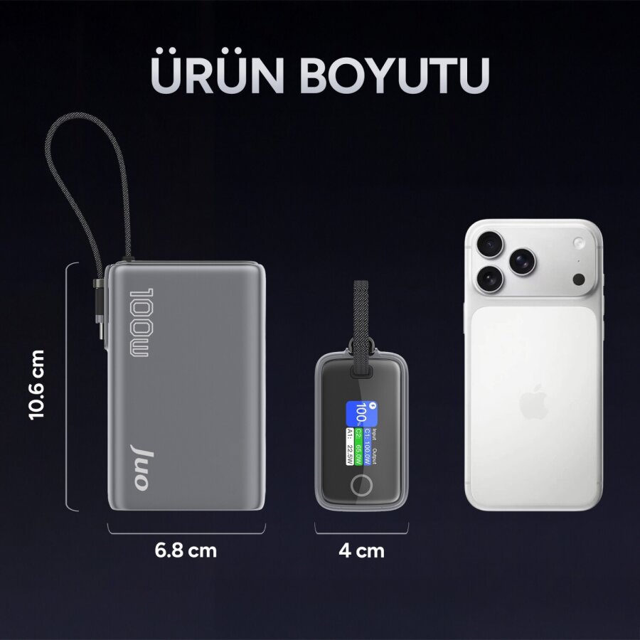 Juo 25000 mAh 100W LED Ekranlı USB-A + Type-C Kablolu Taşınabilir PD Hızlı Şarj Cihazı Powerbank - 8