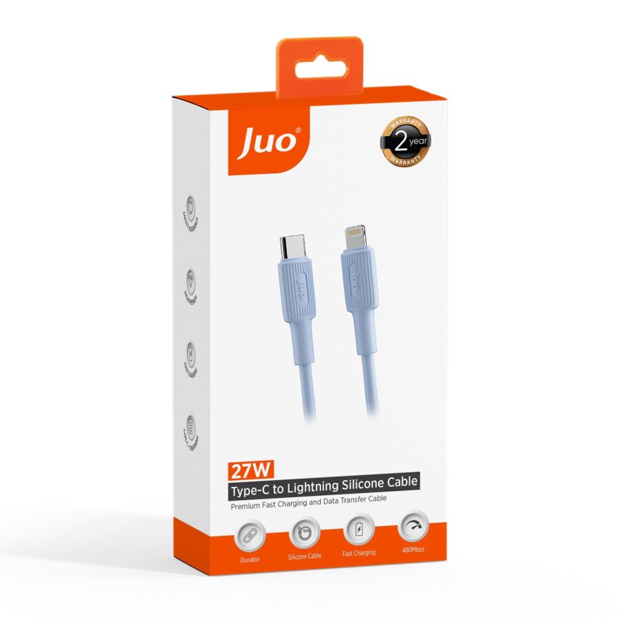 Juo 27W USB Type-C to Lightning iPhone iPad Silikon Hızlı Şarj ve Data Kablosu Mavi 1 Metre - 7