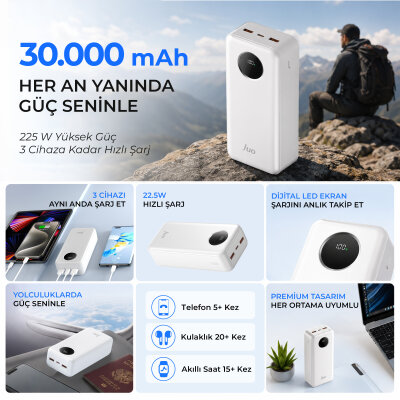 Juo 30000 mAh 22.5W Dijital Led Ekranlı Taşınabilir Hızlı Şarj Cihazı Powerbank Beyaz - 5
