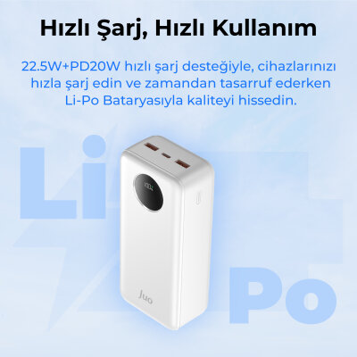 Juo 30000 mAh 22.5W Dijital Led Ekranlı Taşınabilir Hızlı Şarj Cihazı Powerbank Beyaz - 7