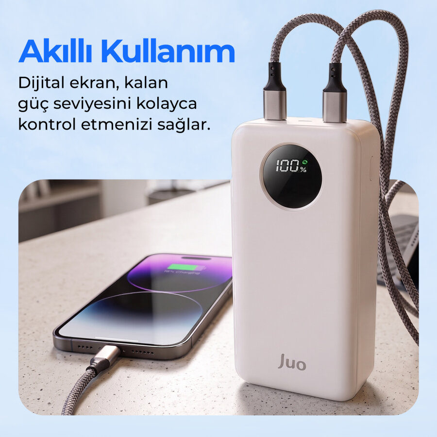 Juo 30000 mAh 22.5W Dijital Led Ekranlı Taşınabilir Hızlı Şarj Cihazı Powerbank Beyaz - 8