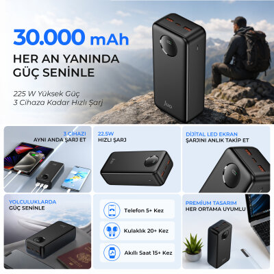 Juo 30000 mAh 22.5W Dijital Led Ekranlı Taşınabilir Hızlı Şarj Cihazı Powerbank Siyah - 5