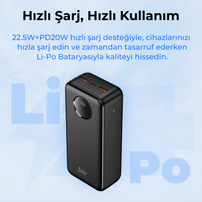 Juo 30000 mAh 22.5W Dijital Led Ekranlı Taşınabilir Hızlı Şarj Cihazı Powerbank Siyah - 7