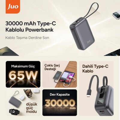 Juo 30000 mAh 65W LED Ekranlı USB-A + Type-C Dahili Kablolu Powerbank Taşınabilir PD Hızlı Şarj Cihazı - 2