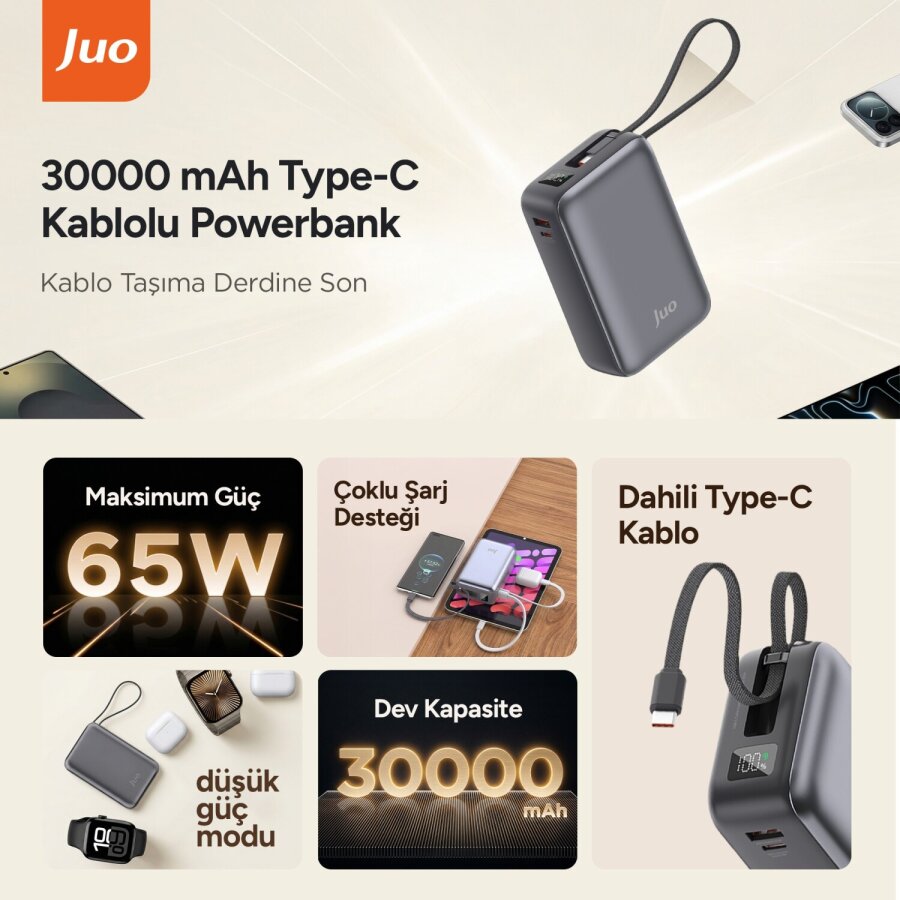 Juo 30000 mAh 65W LED Ekranlı USB-A + Type-C Dahili Kablolu Powerbank Taşınabilir PD Hızlı Şarj Cihazı - 2