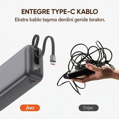 Juo 30000 mAh 65W LED Ekranlı USB-A + Type-C Dahili Kablolu Powerbank Taşınabilir PD Hızlı Şarj Cihazı - 3