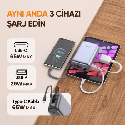 Juo 30000 mAh 65W LED Ekranlı USB-A + Type-C Dahili Kablolu Powerbank Taşınabilir PD Hızlı Şarj Cihazı - 4