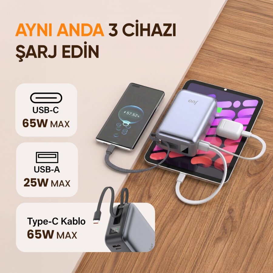 Juo 30000 mAh 65W LED Ekranlı USB-A + Type-C Dahili Kablolu Powerbank Taşınabilir PD Hızlı Şarj Cihazı - 4