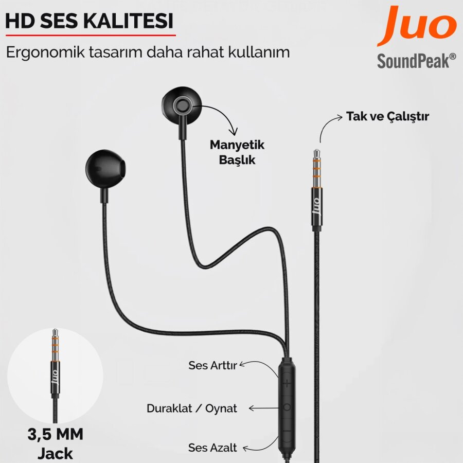 Juo 3.5mm Jack Girişli Mikrofonlu Kablolu Kulak İçi Kulaklık Metal - 2