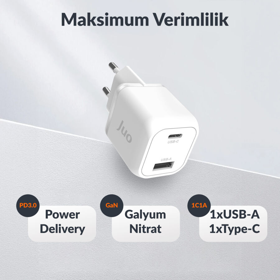Juo 35W GaN USB-C + USB-A Şarj Aleti iPhone & iPad & Samsung PPS Uyumlu PD QC4.0 Type-C Hızlı Şarj Cihazı Beyaz - 6