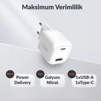 Juo 35W GaN USB-C + USB-A Şarj Aleti iPhone & iPad & Samsung PPS Uyumlu PD QC4.0 Type-C Hızlı Şarj Cihazı Beyaz - 6
