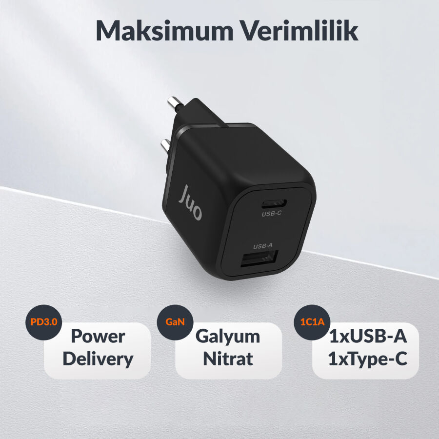 Juo 35W GaN USB-C + USB-A Şarj Aleti iPhone & iPad & Samsung PPS Uyumlu PD QC4.0 Type-C Hızlı Şarj Cihazı Siyah - 6