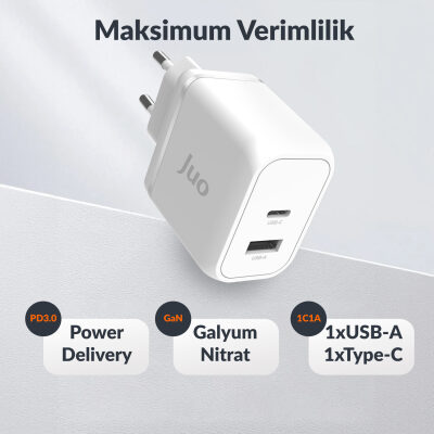 Juo 45W GaN USB-C + USB-A Şarj Aleti iPhone & iPad & Macbook & Samsung Uyumlu PD Type-C Hızlı Şarj Cihazı Beyaz - 6