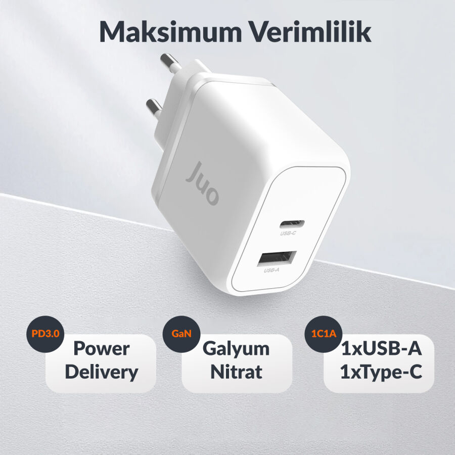 Juo 45W GaN USB-C + USB-A Şarj Aleti iPhone & iPad & Macbook & Samsung Uyumlu PD Type-C Hızlı Şarj Cihazı Beyaz - 6