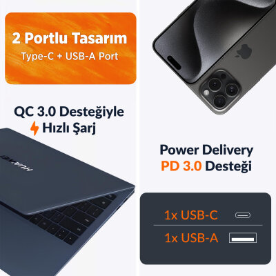 Juo 45W GaN USB-C + USB-A Şarj Aleti iPhone & iPad & Macbook & Samsung Uyumlu PD Type-C Hızlı Şarj Cihazı Siyah - 9