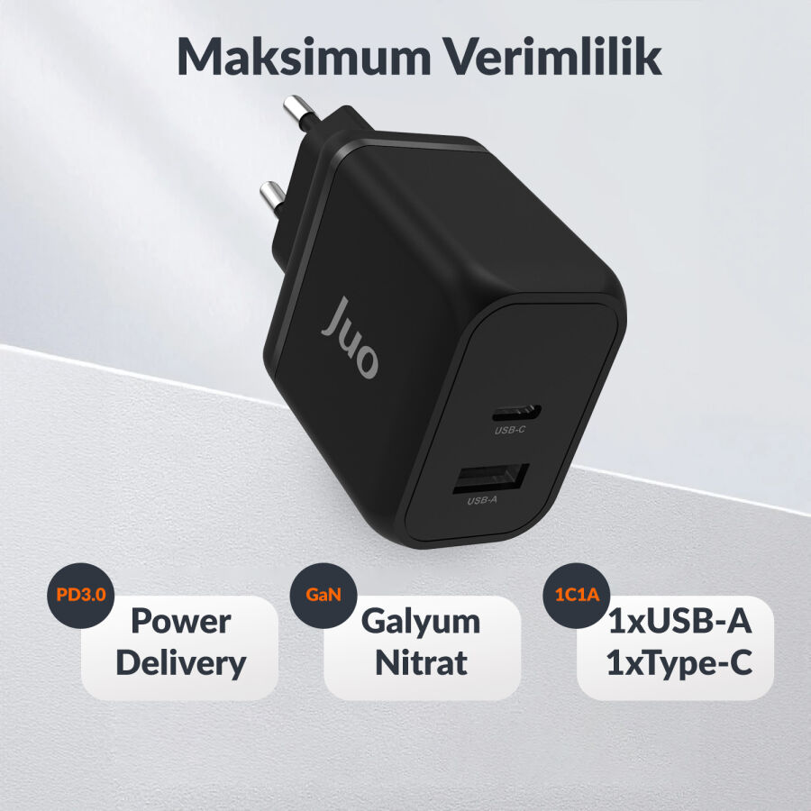 Juo 45W GaN USB-C + USB-A Şarj Aleti iPhone & iPad & Macbook & Samsung Uyumlu PD Type-C Hızlı Şarj Cihazı Siyah - 6