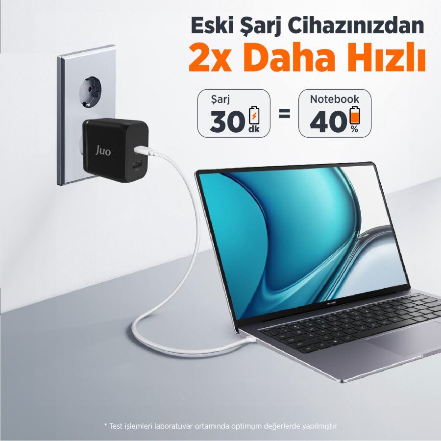 Juo 45W GaN USB-C + USB-A Şarj Aleti iPhone & iPad & Macbook & Samsung Uyumlu PD Type-C Hızlı Şarj Cihazı Siyah - 8