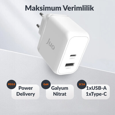 Juo 65W GaN USB-C + USB-A Şarj Aleti iPhone & iPad & Macbook & Notebook Uyumlu PD Type-C Hızlı Şarj Cihazı Beyaz - 6
