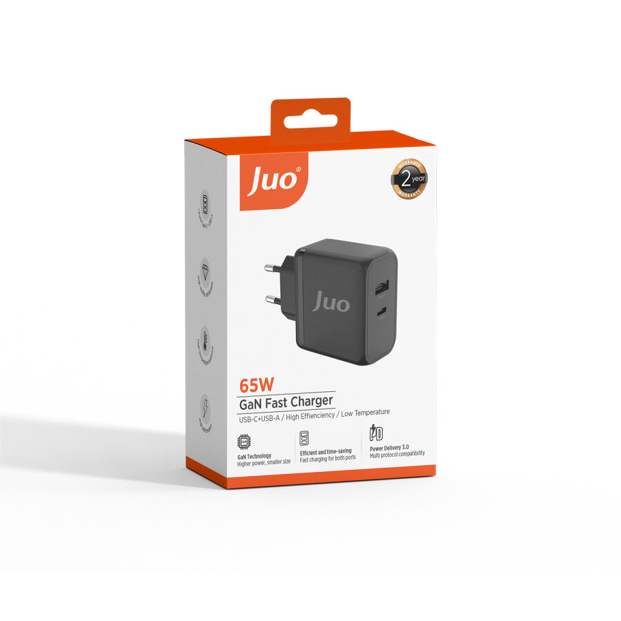 Juo 65W GaN USB-C + USB-A Şarj Aleti iPhone & iPad & Macbook & Notebook Uyumlu PD Type-C Hızlı Şarj Cihazı Siyah - 11
