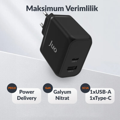 Juo 65W GaN USB-C + USB-A Şarj Aleti iPhone & iPad & Macbook & Notebook Uyumlu PD Type-C Hızlı Şarj Cihazı Siyah - 6