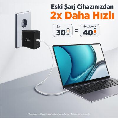 Juo 65W GaN USB-C + USB-A Şarj Aleti iPhone & iPad & Macbook & Notebook Uyumlu PD Type-C Hızlı Şarj Cihazı Siyah - 8