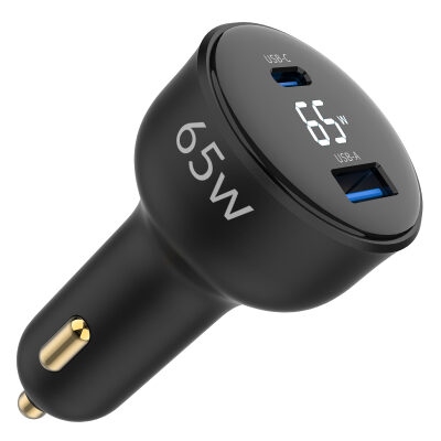 Juo 65W Led Ekranlı Type-C + USB-A Araç Şarj Aleti iPhone & Android & Notebook Araç içi Şarj Cihazı