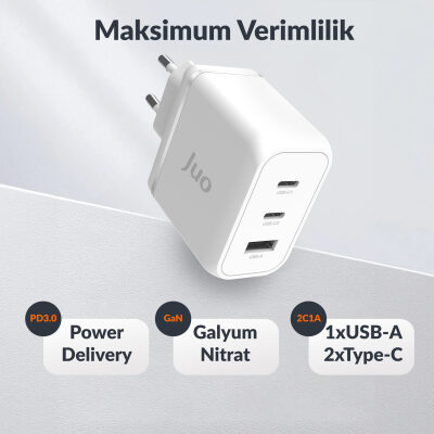 Juo 65W USB-C + USB-A 3 Portlu GaN Şarj Aleti iPhone & Macbook & Notebook Uyumlu PD Type-C Hızlı Şarj Cihazı Beyaz - 6