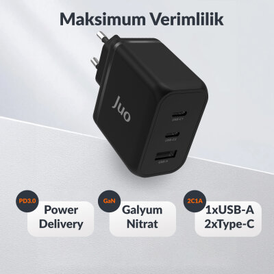 Juo 65W USB-C + USB-A 3 Portlu GaN Şarj Aleti iPhone & Macbook & Notebook Uyumlu PD Type-C Hızlı Şarj Cihazı Siyah - 6