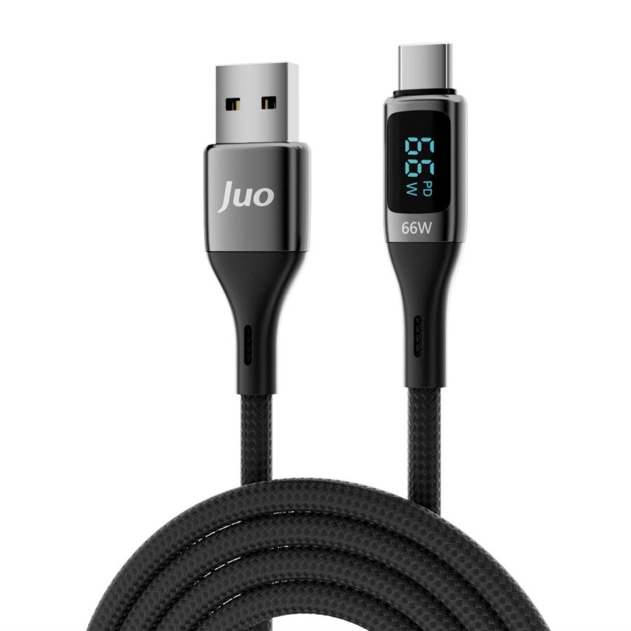 Juo 66W Dijital Led Ekranlı Örgülü USB-A to USB Type-C Hızlı Şarj ve Data Kablosu 1 Metre - 1