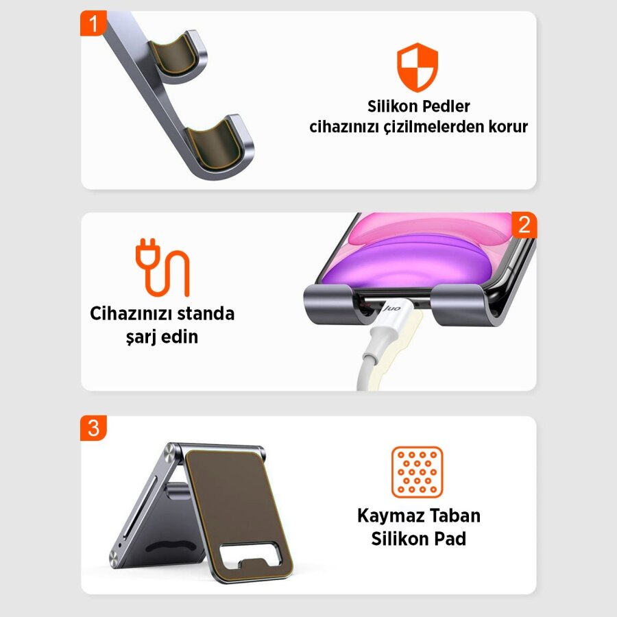 Juo Alüminyum Katlanabilir Metal Masaüstü Telefon Tutucu Standı Uzay Gümüş - 6