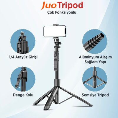Juo Alüminyum Tripod Monopod Selfie Çubuğu Kumandalı Android iPhone GoPro Uyumlu - 3