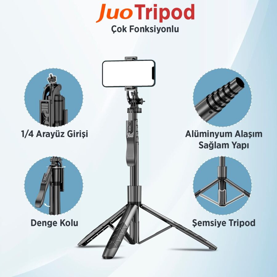 Juo Alüminyum Tripod Monopod Selfie Çubuğu Kumandalı Android iPhone GoPro Uyumlu - 3