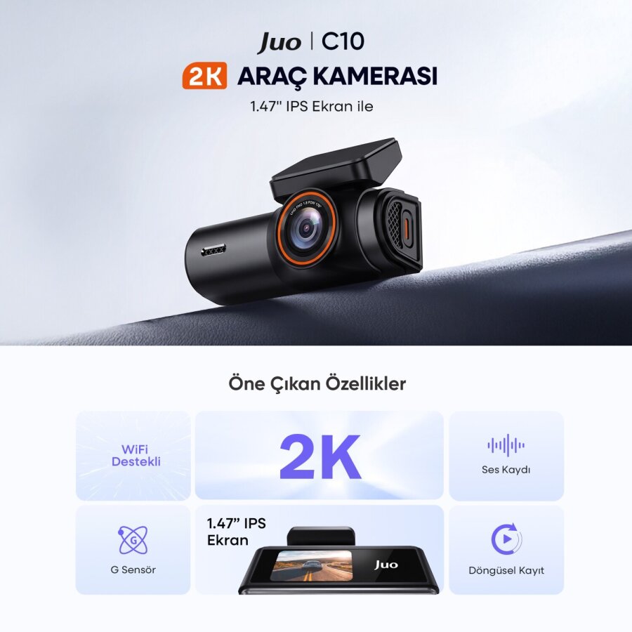 Juo C10 2K QHD WiFi Ekranlı Araç Kamerası 140 Derece Geniş Açı Gece Görüşlü G-Sensörlü Araç İçi Kamera - 2