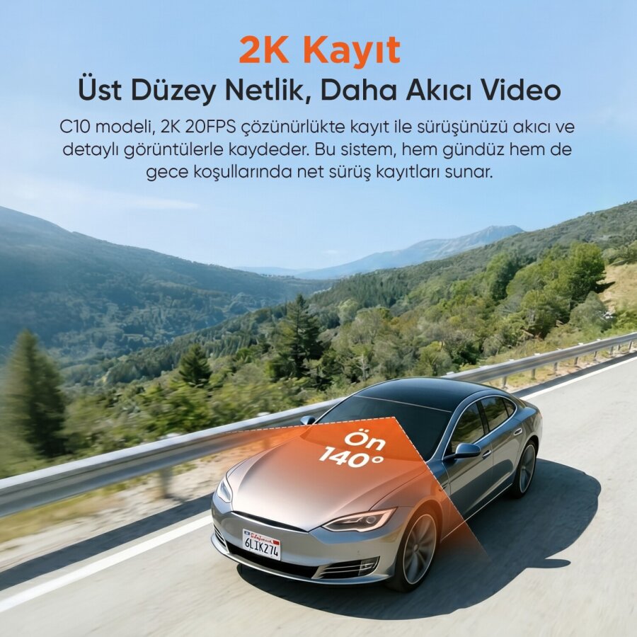 Juo C10 2K QHD WiFi Ekranlı Araç Kamerası 140 Derece Geniş Açı Gece Görüşlü G-Sensörlü Araç İçi Kamera - 3