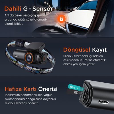 Juo C10 2K QHD WiFi Ekranlı Araç Kamerası 140 Derece Geniş Açı Gece Görüşlü G-Sensörlü Araç İçi Kamera - 4