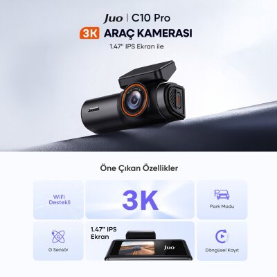 Juo C10 Pro 3K UHD HDR WiFi Ekranlı Araç Kamerası 170 Derece Geniş Açı Gece Görüşlü G-Sensörlü Araç İçi Kamera - 2