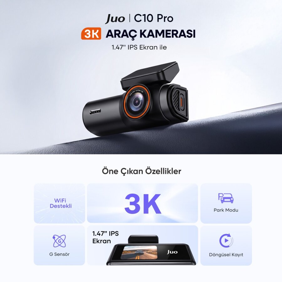 Juo C10 Pro 3K UHD HDR WiFi Ekranlı Araç Kamerası 170 Derece Geniş Açı Gece Görüşlü G-Sensörlü Araç İçi Kamera - 2