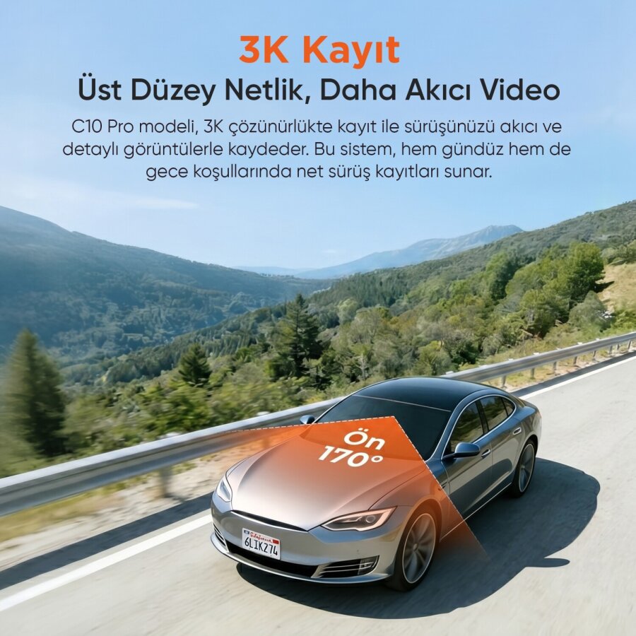 Juo C10 Pro 3K UHD HDR WiFi Ekranlı Araç Kamerası 170 Derece Geniş Açı Gece Görüşlü G-Sensörlü Araç İçi Kamera - 3