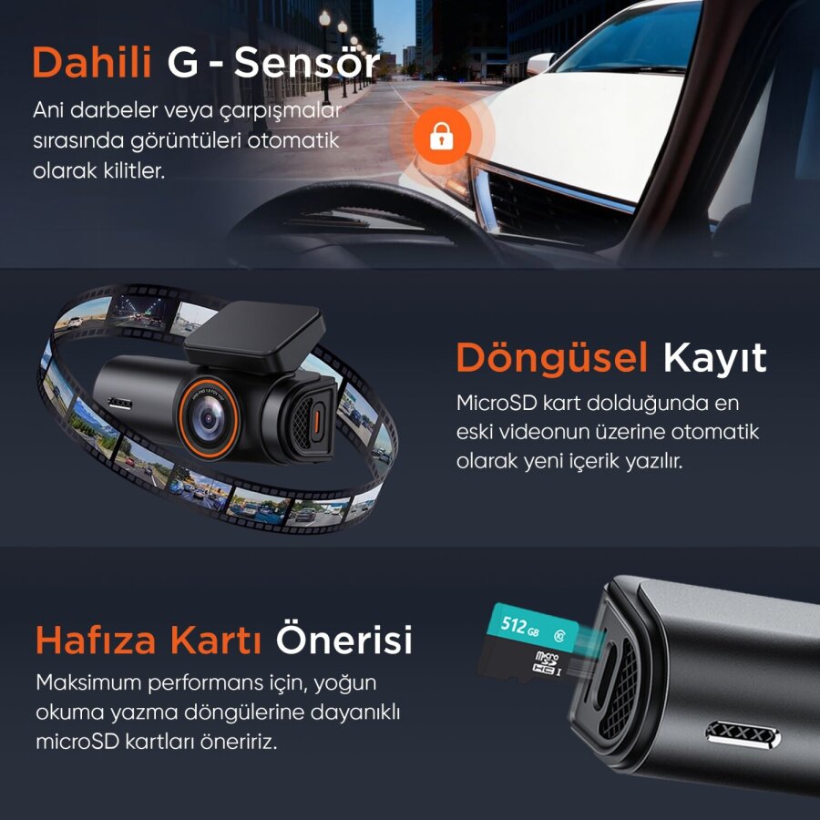 Juo C10 Pro 3K UHD HDR WiFi Ekranlı Araç Kamerası 170 Derece Geniş Açı Gece Görüşlü G-Sensörlü Araç İçi Kamera - 4