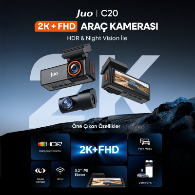 Juo C20 2K QHD Ön + FHD Arka 2 Kameralı WiFi GPS HDR Araç Kamerası Ekranlı 170° Geniş Açı Gece Görüş Araç içi Kamera - 2